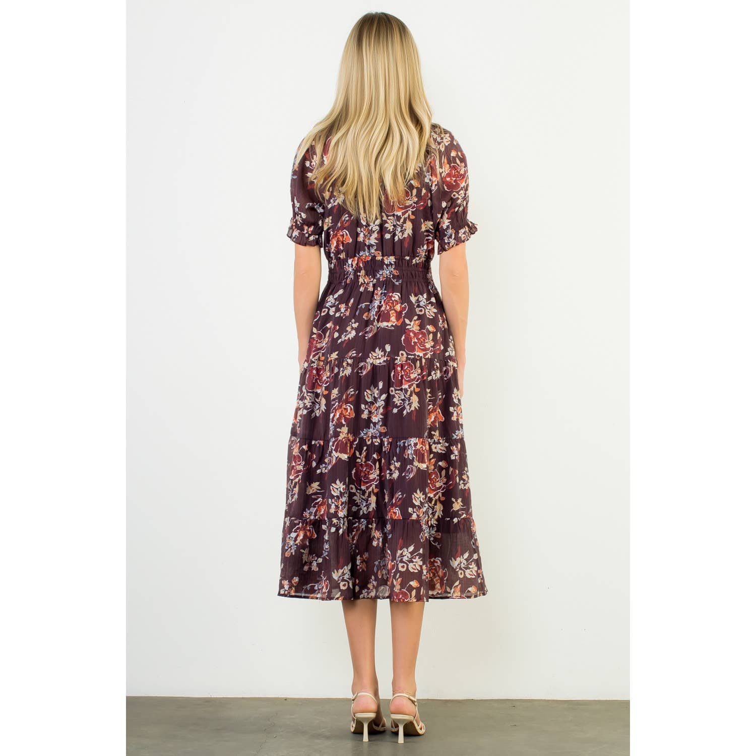 BURGUNDY Short Sleeve Floral Maxi Dress for wholesale on Faire4