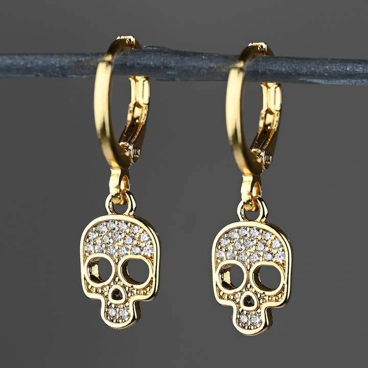 Small Crystal Pave Skull Huggie Earrings for wholesale by KBD Studio