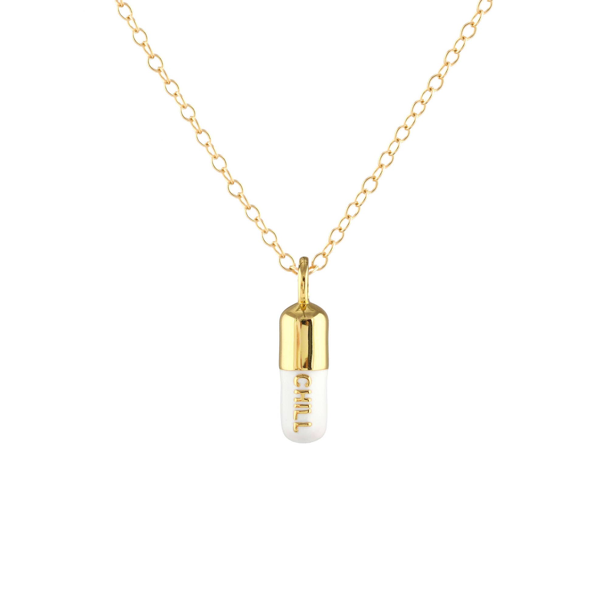 Kris Nations - Vente Colliers à pendentif - Collier Chill Pill en émail avec charme en vermeil 18 carats, argent sterling, chaîne en or rempli ou argent sterling, longueur réglable 16-18 pouces (40,6-45,7 cm), sans nickel, expédié de Californie20