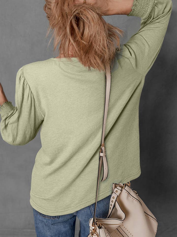 Laurel Green Textured Round Neck Half Sleeve Blouse for wholesale on Faire