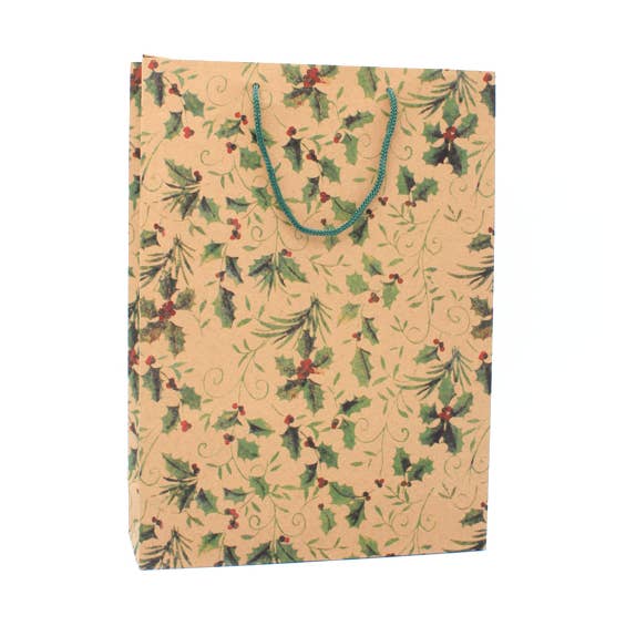 34x24.5x9cm. Holly Print Kraft Paper Gift Bag for wholesale by Inca UK