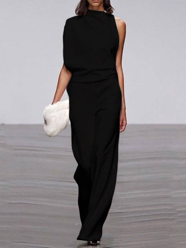 Sheer Trend - Wholesale Top & Pant Set (NOT Loungewear) - Women's - Urban Asymmetric Solid Color One Shoulder Top And Pants Set