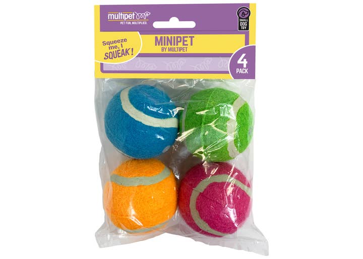 Pet Palette Distribution - Wholesale Pet Squeaky Toy - Dog - Multipet Minipet Squeaky Tennis Balls Dog Toy Asst. 4pk 2.5"1