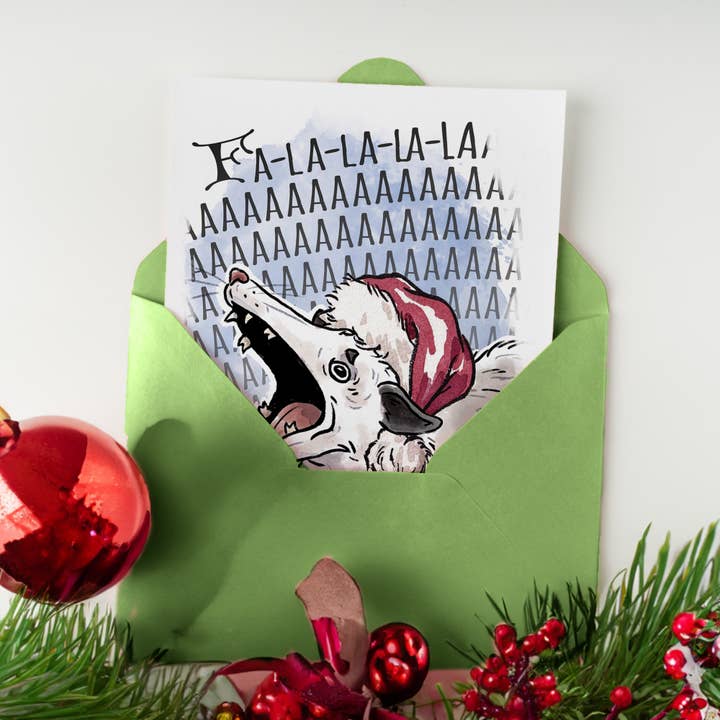 Aaron Millard Illustration - Venta al por mayor Tarjetas de Navidad - Tarjeta de Navidad divertida con memes de zarigüeyas estresadas con texto «Fa La L-AAAA»3