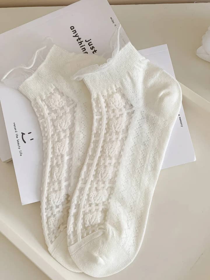 Blank 🧦✨ White socks with geometric lace 🤍🌸 for wholesale on Faire0