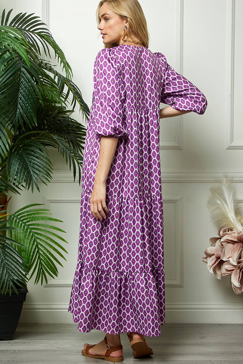 Purple Print Three Quarter Puff Sleeve Maxi Dress for wholesale on Faire13