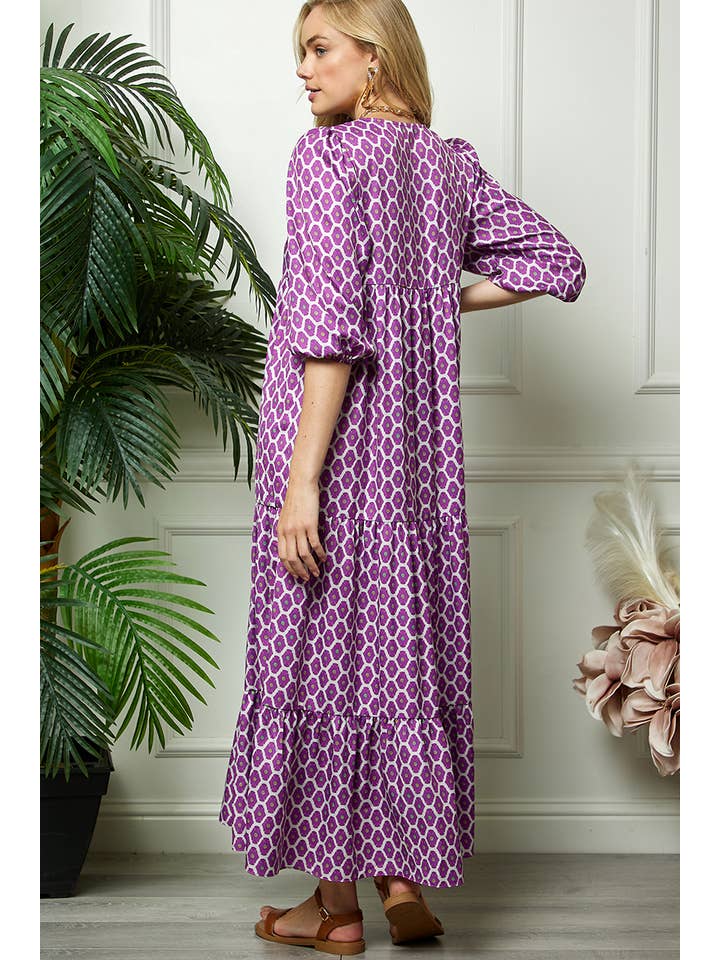 Purple Print Three Quarter Puff Sleeve Maxi Dress for wholesale on Faire13
