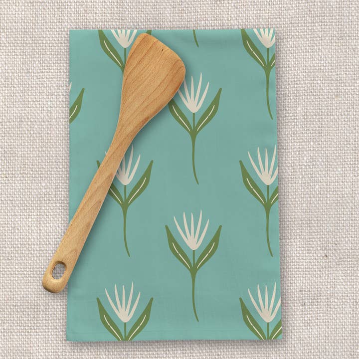 Almost Spring Tea Towel – Minimal Floral Linen Kitchen Towel for wholesale by Rebecca Jane Woolbright