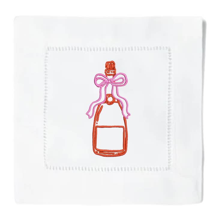 Bow Bottle Cocktail Napkins for wholesale by Blythe Embroidery Co.