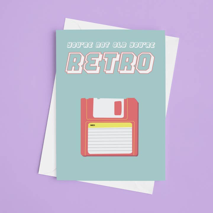 Retro diskette - 5x7 fødselsdagskort for engroshandel hos Laura Lonsdale