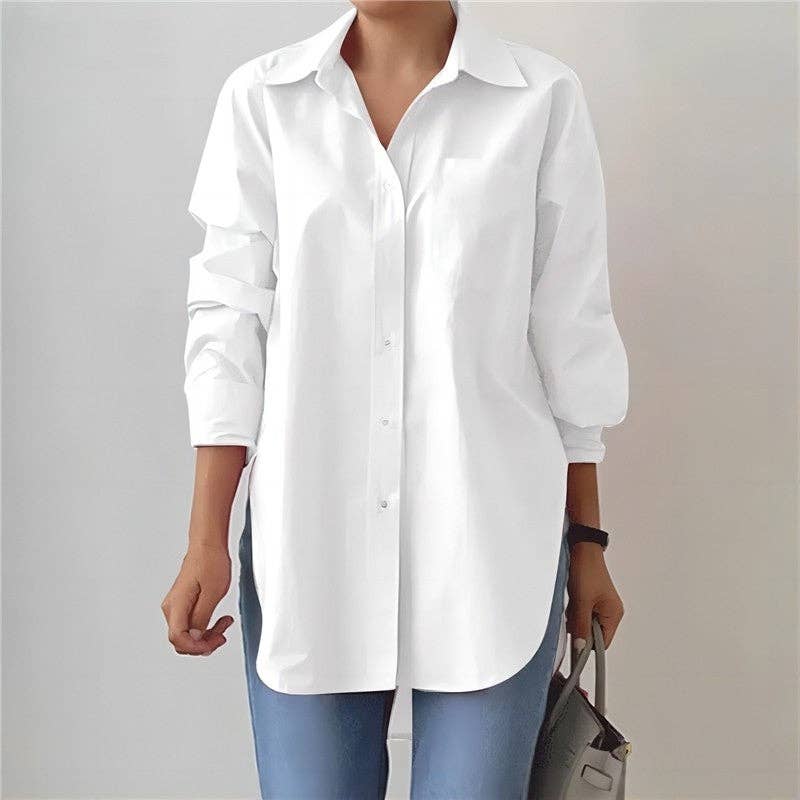 UZ Wholesale Store – wholesale Buttoned-down shirt – Women's – Lapel Split Hem Long Sleeve Shirt in Solid Color0