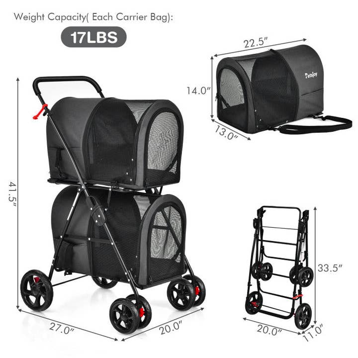 Furr-Baby Gifts - Wholesale Pet Carrier - Cat/Dog - 4-in-1 Double Pet Stroller with Detachable Carrier and Trave2