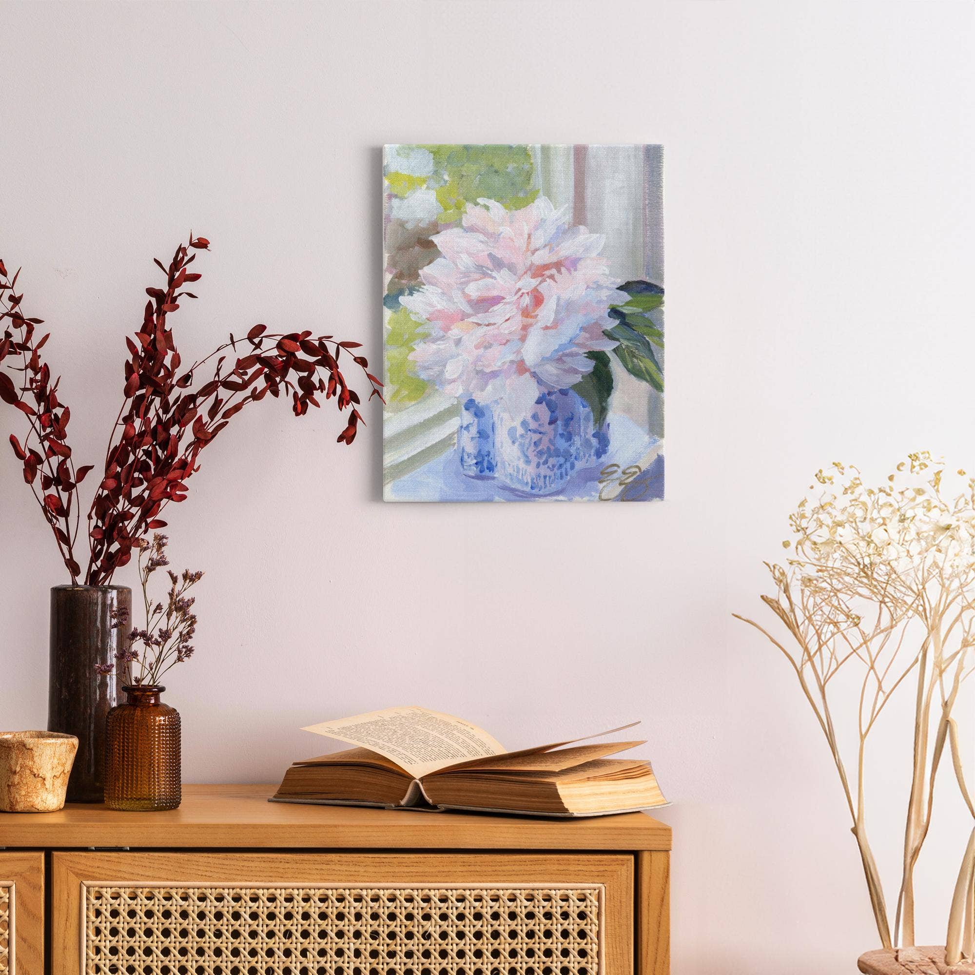 Elizabeth Alice Studio - Wholesale Art Print - No. 396 Sarah Bernhardt peony in blue and white vase, a canvas wrap print4