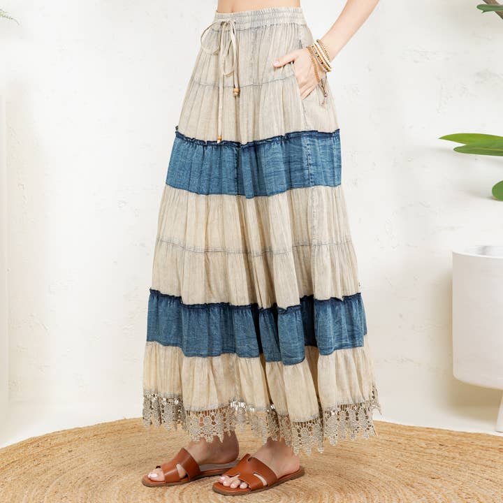 Latte Boho Patchwork Long Skirt with Denim& Lace Inserts for wholesale on Faire2