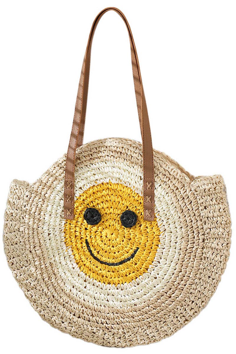 Cap Zone - Vendita all'ingrosso Borsa da spiaggia - Borsa da spiaggia rotonda in rattan con faccina sorridente15