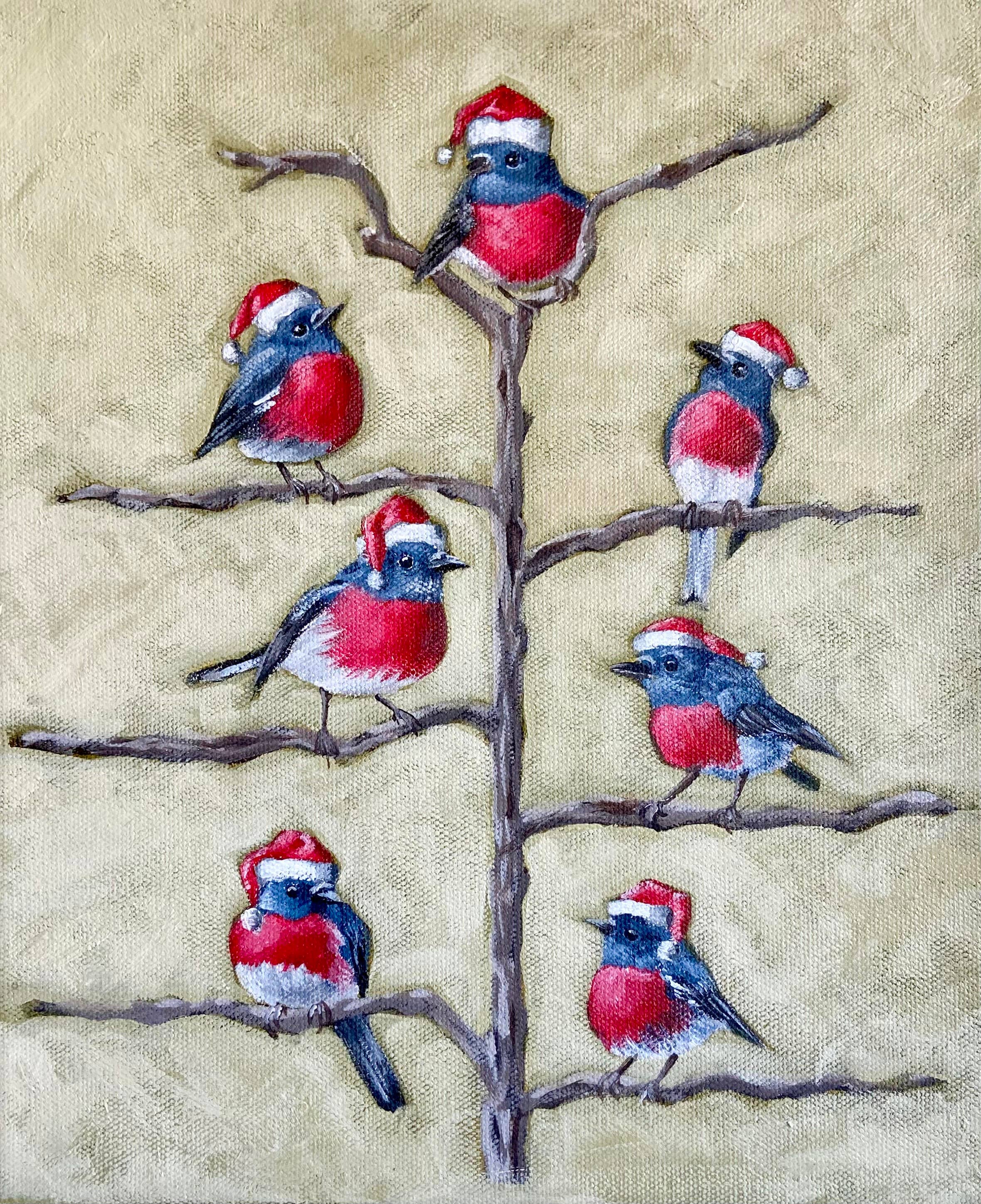 Lucinda Cotter Art - Wholesale Feestdagenkaartje - Schattige Roodborstjes Kerstgroetkaart1