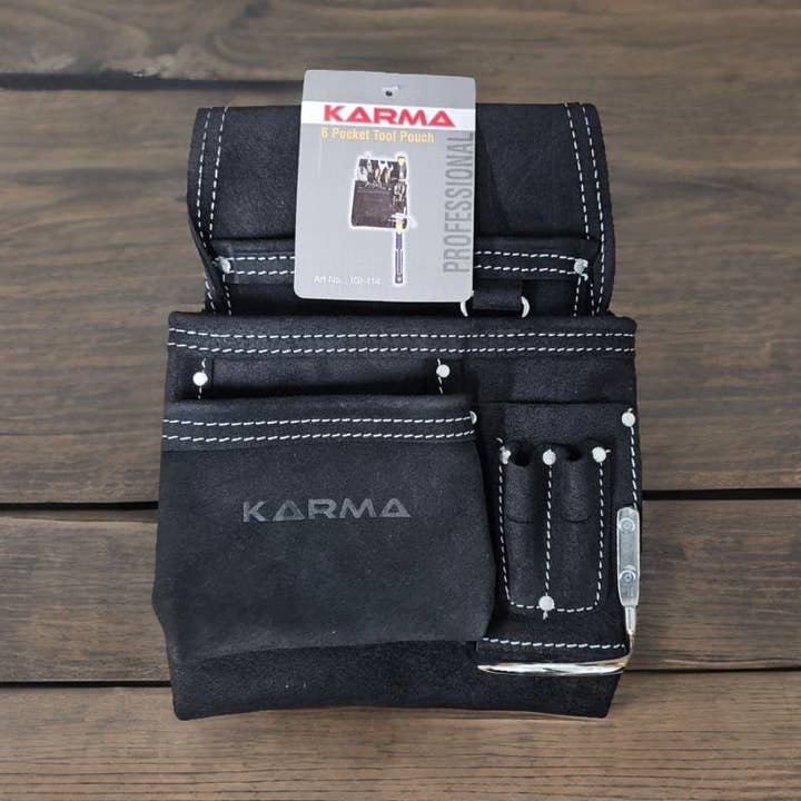 Karma 6-Pocket Tool Pouch with Metal Buckle & Hammer Holder for wholesale by ABA Imports Ltd.