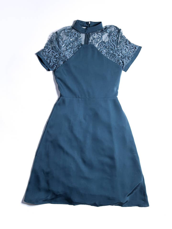 Lace Shouldered Dress - Frosted Blue for wholesale by Alexander Durbin Design, LLC.