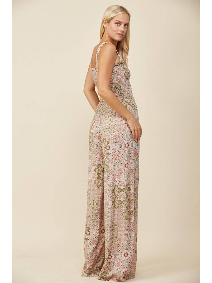 SAGE BOHO PAISLEY PRINT KNIT SMOCKED JUMPSUIT W4451RE for wholesale on Faire