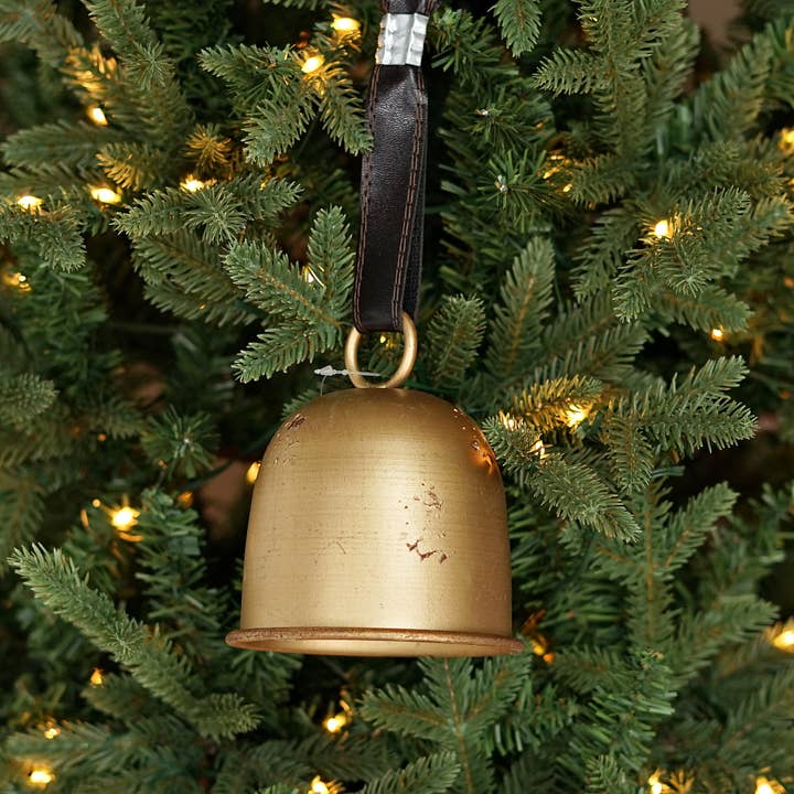 M9990- Antique Metal Bell w.Leather Loop4.25"x4.25"x5-Gold for wholesale by Impressive Enterprises, Inc.