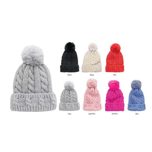 Majestic Wholesale - Wholesale Beanie - Women's - Pompom Twist Winter Hat – 12 Pc Assorted Colors0