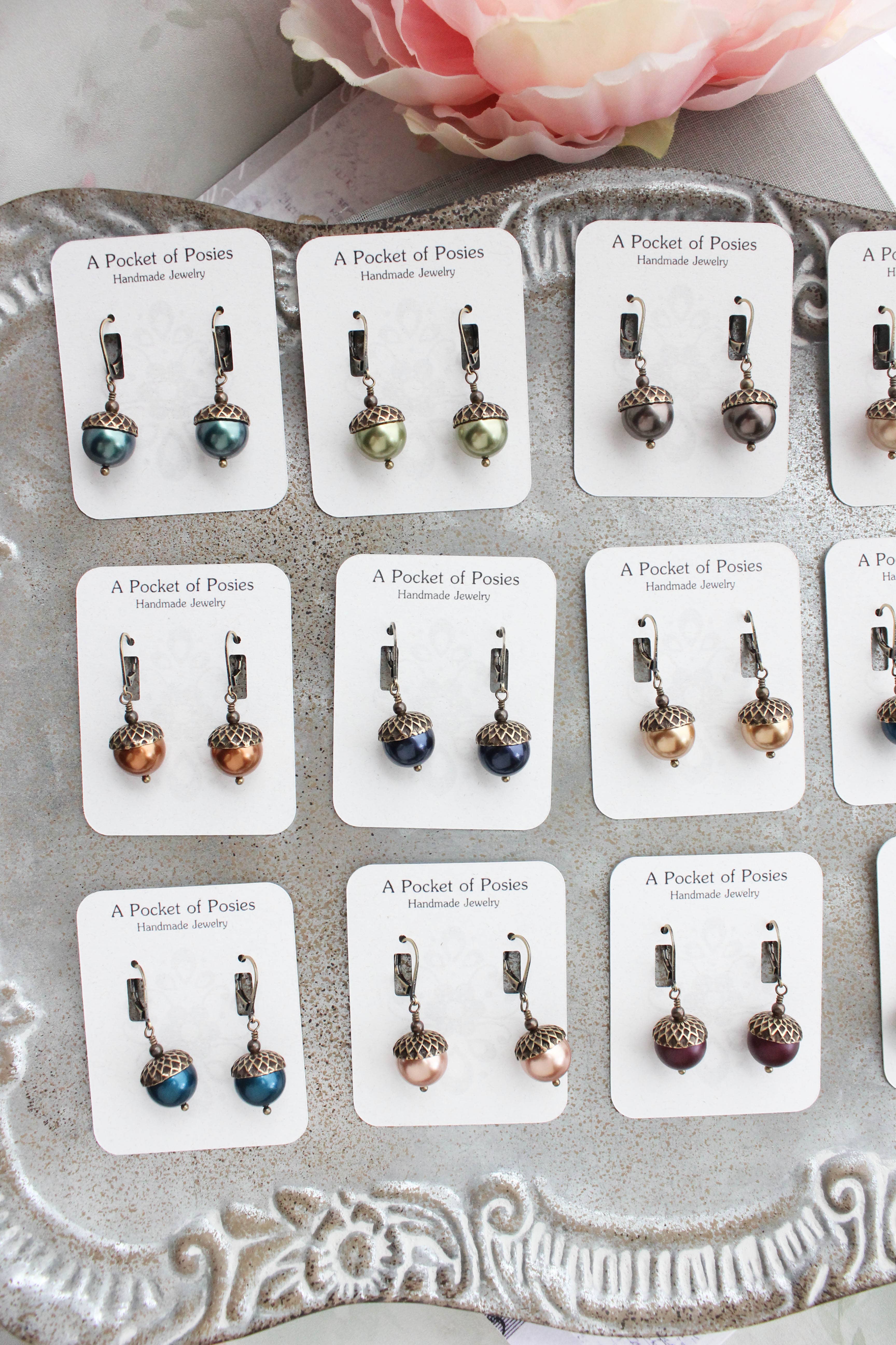 A Pocket of Posies - Wholesale Dangle Earrings - Pearl Acorn Earrings (21 Colors) - ANTIQUED BRASS14