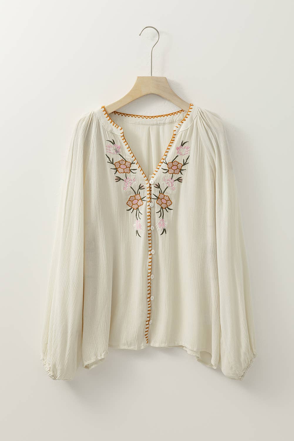 Beige Floral Embroidered Textured Spring Puff Sleeve Loose Shirt for wholesale on Faire8