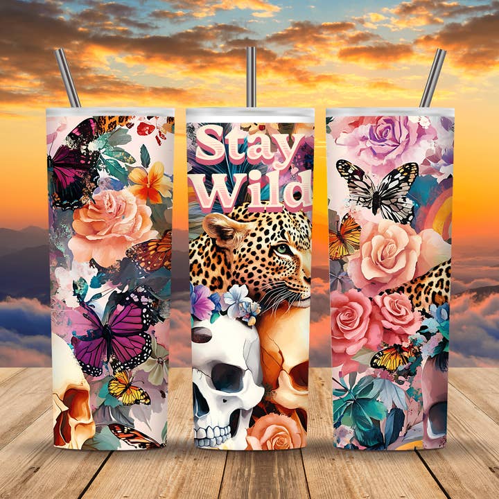 Gobelet isotherme Stay Wild 20 oz | Crâne de léopard, papillon pour la vente par Bumbletwist