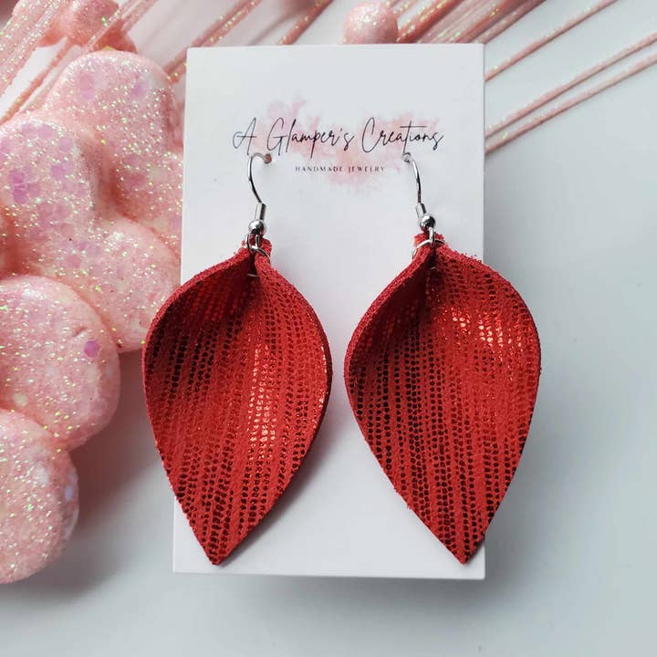 Red Metallic on Red Pinched Petals Leather Earrings for wholesale by A Glamper's Creations LLC