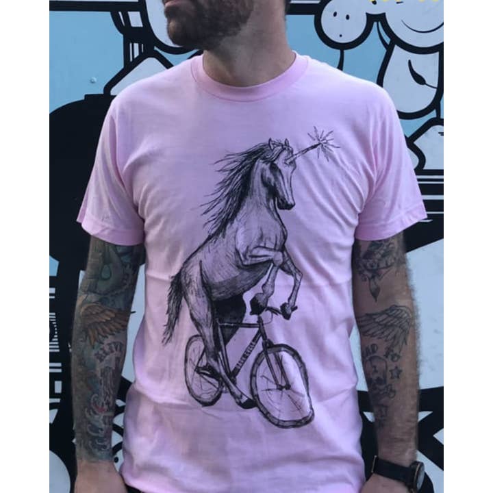 Dark Cycle Clothing - Wholesale Screen Printed T-Shirt - Unisex - Unicorn on A Bicycle Men's/Unisex Shirt1