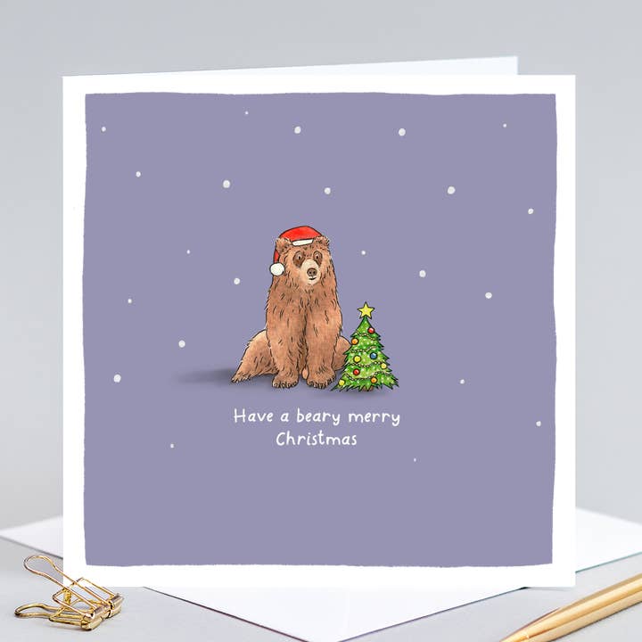Tarjeta de juego de palabras navideña con forma de animal, con el nombre Have a Beary Merry Christmas para venta al por mayor de Wild Lines