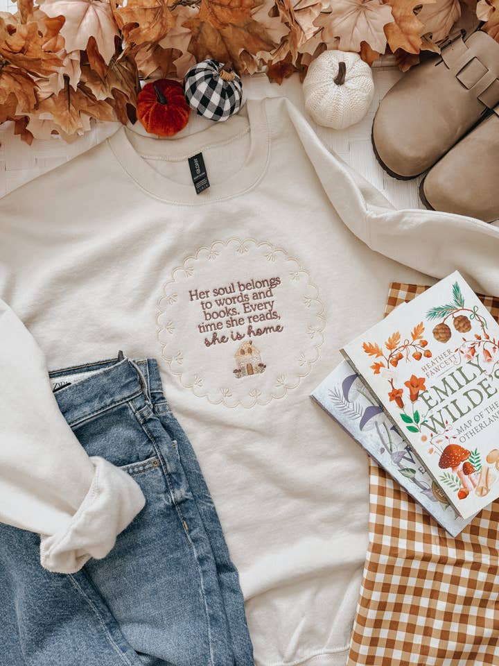 She is Home Embroidered Sweatshirt - Sand for wholesale by needlexstitchco