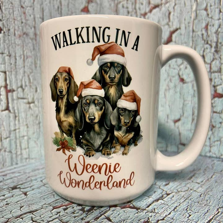 Tasse à café Walking In A Weenie Wonderland Christmas 15 oz pour la vente par Prairie Chicken Sticker Shop & Gifts