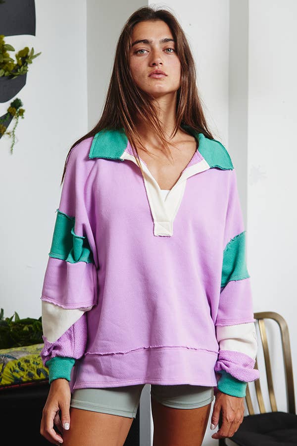 BUCKETLIST INC - Wholesale Tunic - Women's - T2004E French Terry Color-block Collared Loose Fit Top8