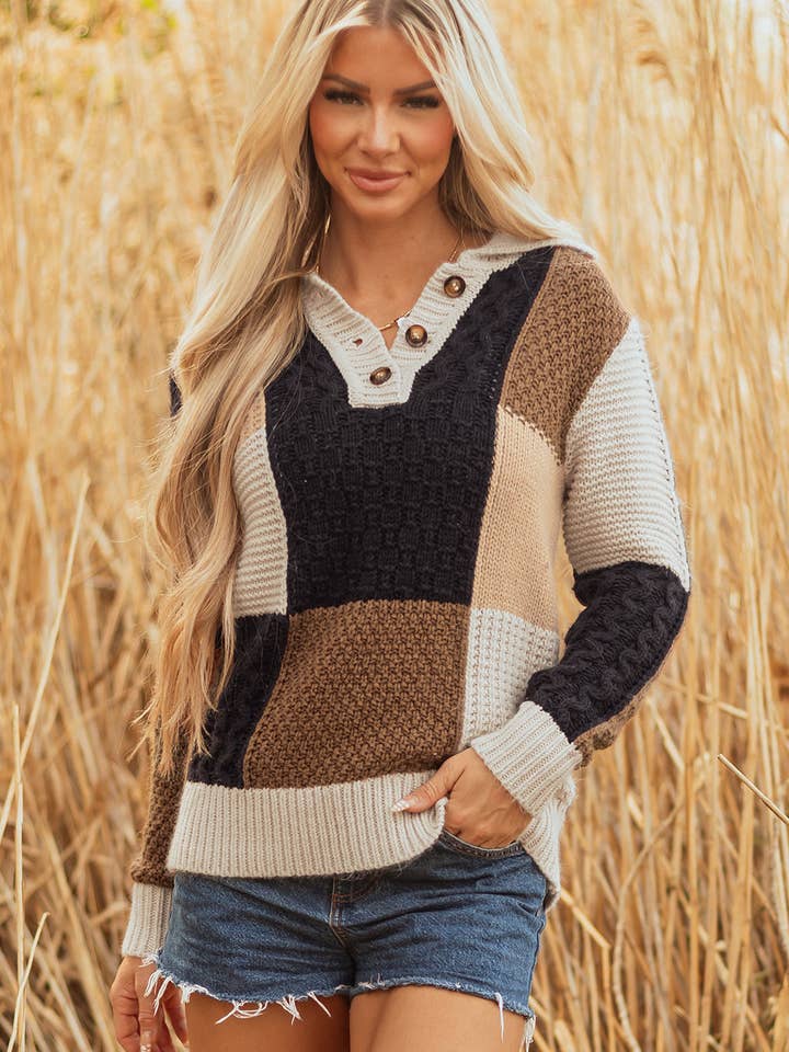 Multicolour Paige Cable Knit Sleeve Buttons Collared Sweater for wholesale on Faire4