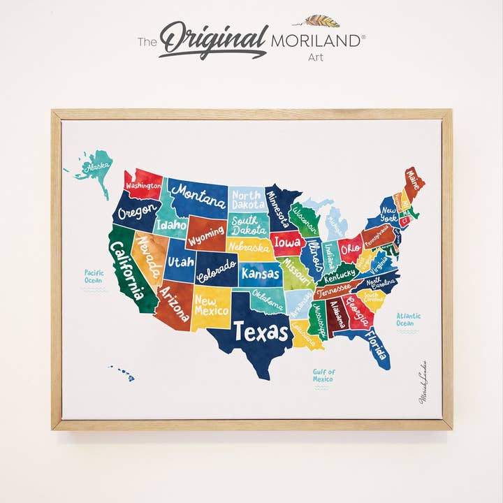 Mapa americano em aquarela multicolor - impressão em tela emoldurada por atacado de MORILAND
