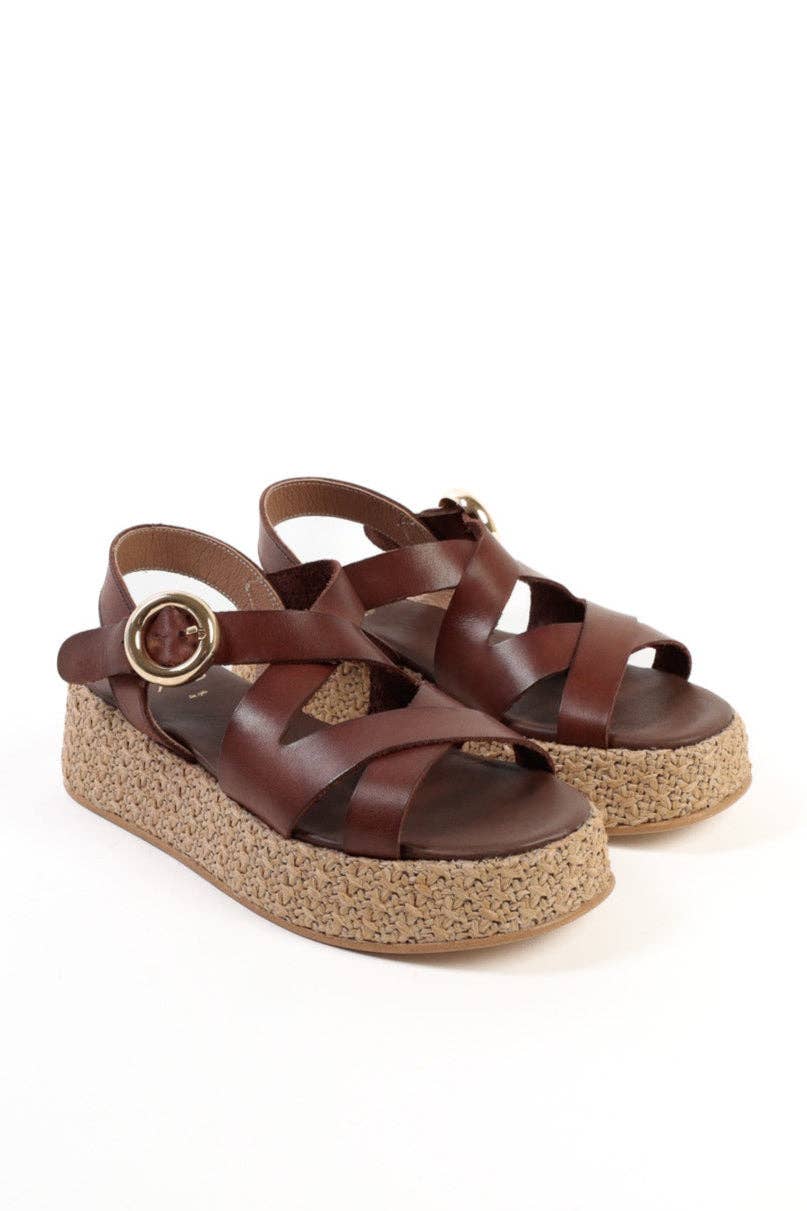 KMB Shoes - Wholesale Sandals - Women's - SAM CHOCOLATE - Crossover Leather Strap Platform Sandals5