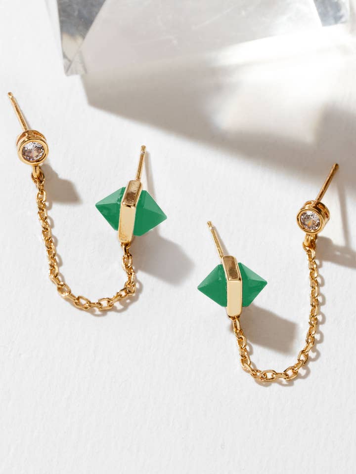 Boucles d'oreilles double percées Midnight Serenade - Calcédoine verte pour la vente par Luna Norte