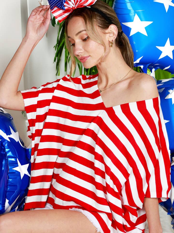4th Of July V-Neck Oversized Striped Sweater Top VT82062A for wholesale by Vine & Love