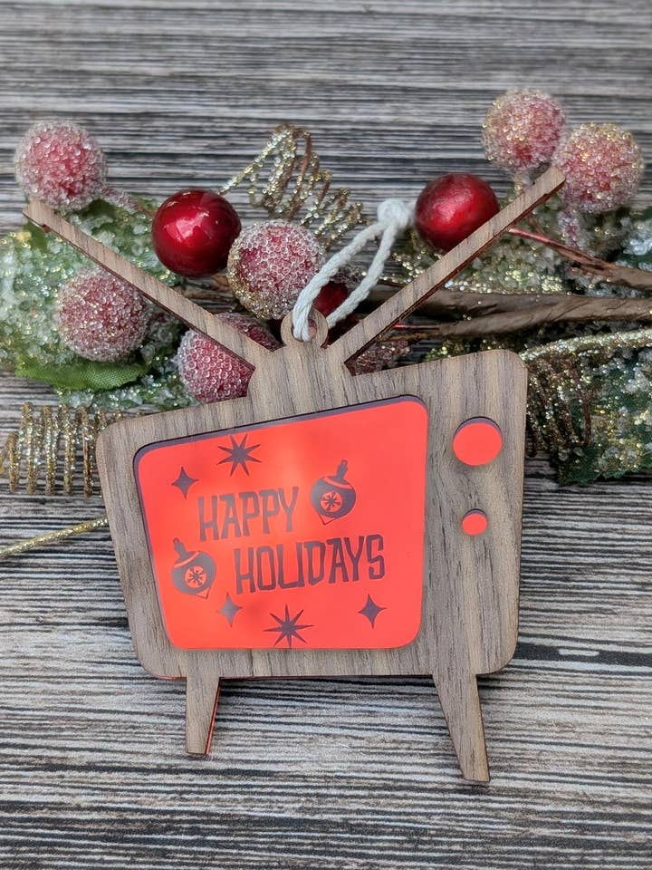 Mid Century Modern Retro TV Ornament - Happy Holidays MCM Ornament - Acrylic TV Ornament - 1950s 1960s Ornament - Retro Christmas Ornaments for wholesale by Shelfish Modern