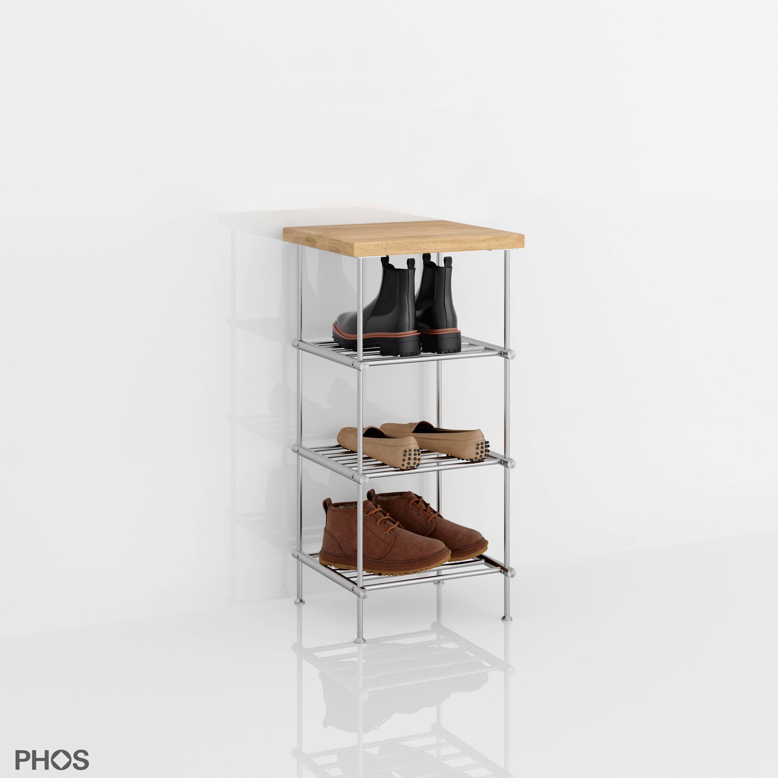 PHOS Design GmbH - Wholesale Shoe Rack - Stainless steel narrow shoe racks with oak wood rack0