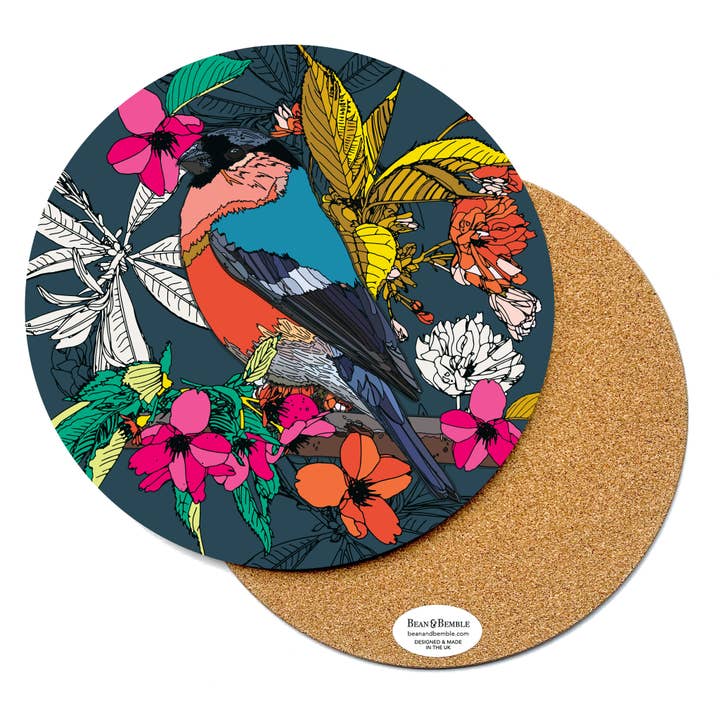 Placemat Large Round Melamine Wooden British Bird Bullfinch for wholesale by Bean and Bemble