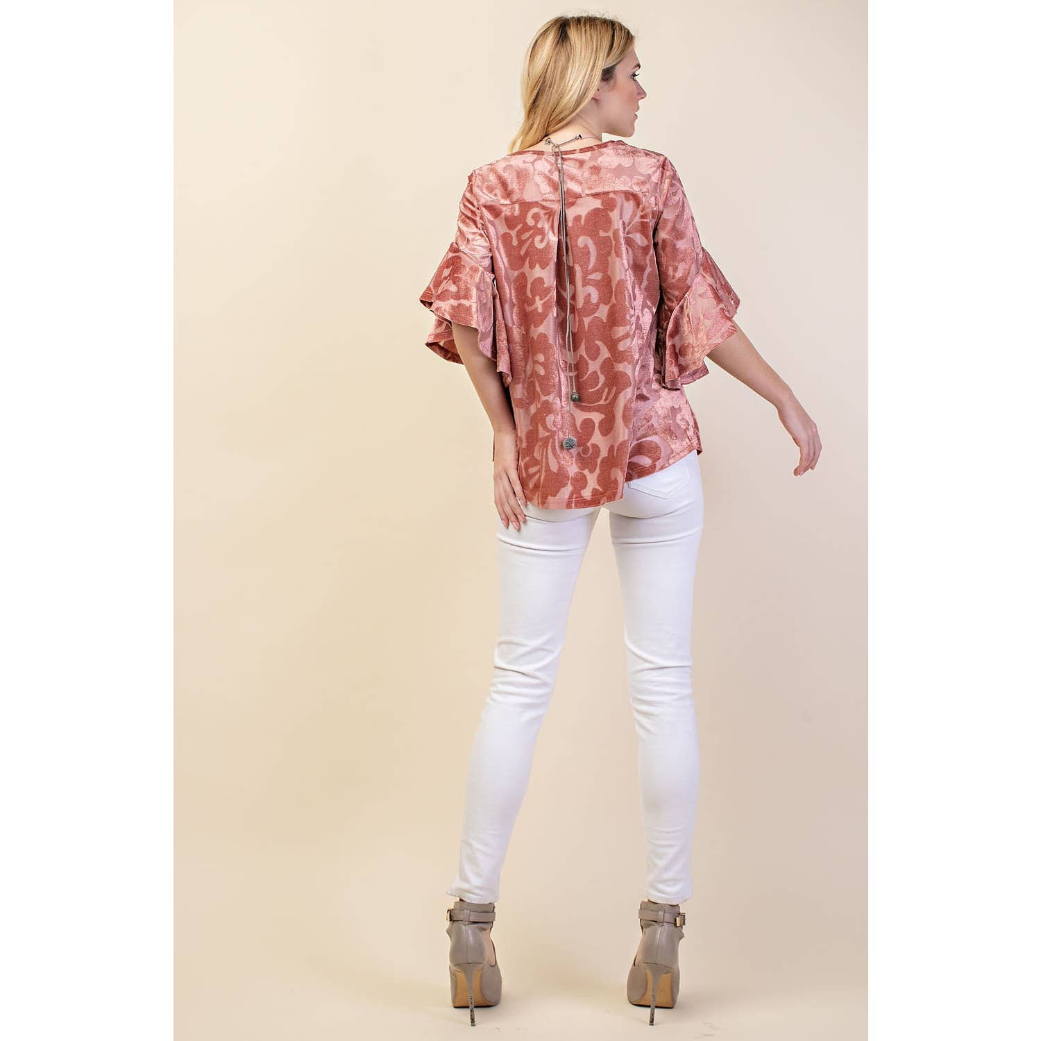 VOCAL - Wholesale Blouse - Women's - VELVET RUFFLE SLEEVE KNIT TOP21