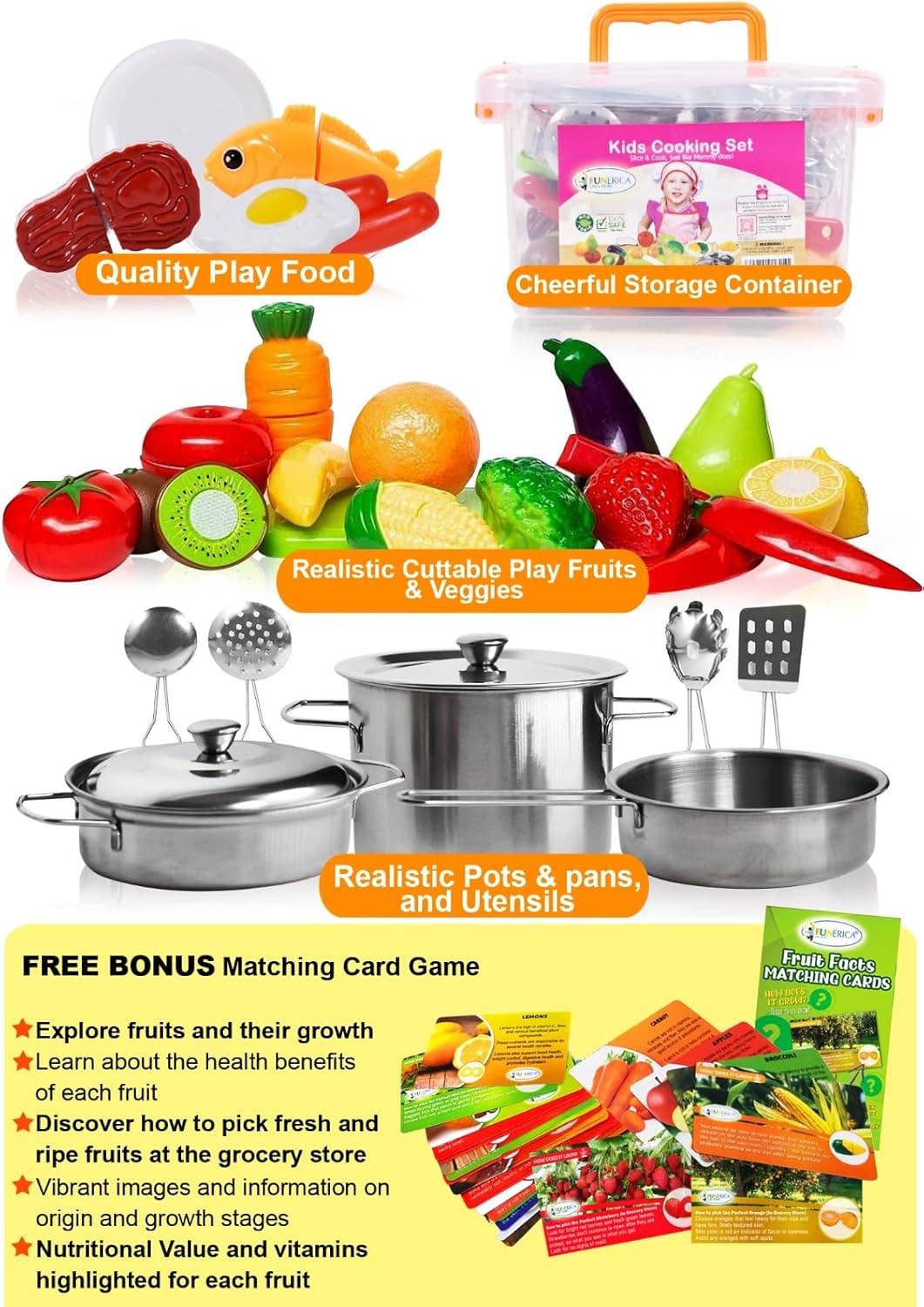 FUNERICA - Wholesale Toy Set - Kids - FUNERICA Play Food Set and Cookware Set with Realistic Stainless-Steel Pots and Pans and Utensils - Cutting Fake Food and Pretend Toy Kitchen Accessories Playset for Toddlers and Kids2