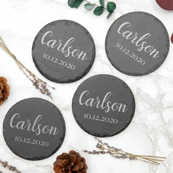 Martelli – Base de copos por atacado – Conjunto de 4 Porta-copos de Ardósia Gravados - Presente Personalizado para Casamento ou Casa Nova2