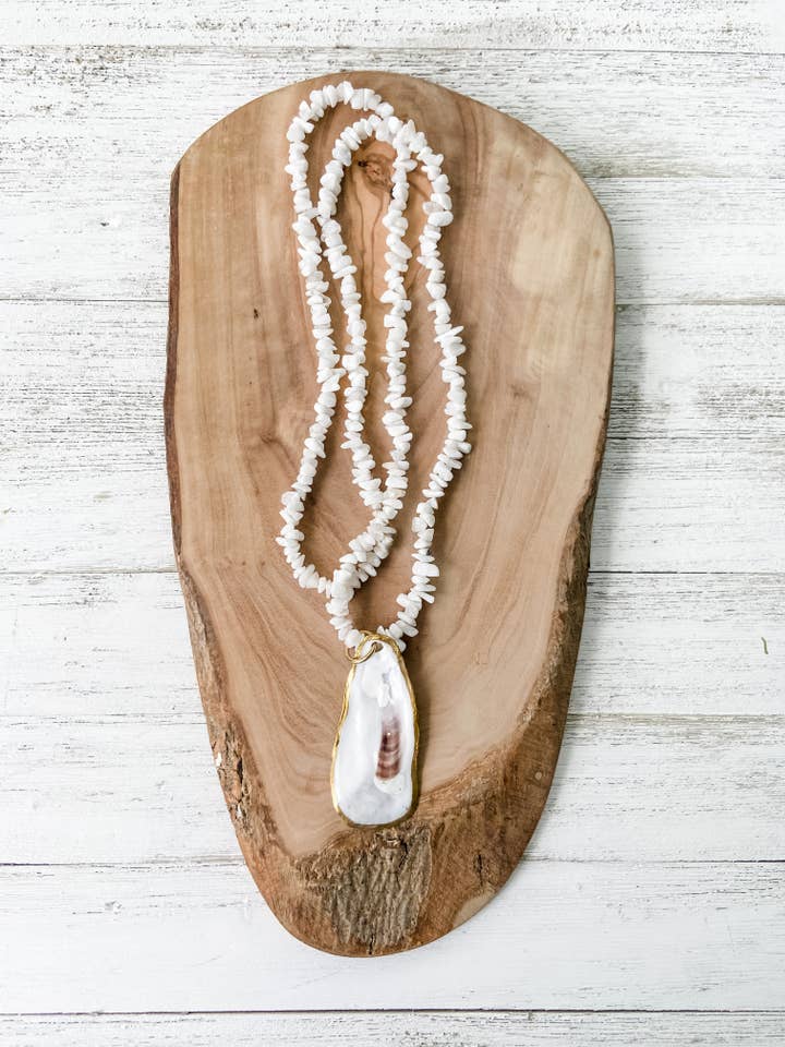 The Bowen Necklace-White Moonstone with Oyster Shell Pendant for wholesale by Made on Maidstone