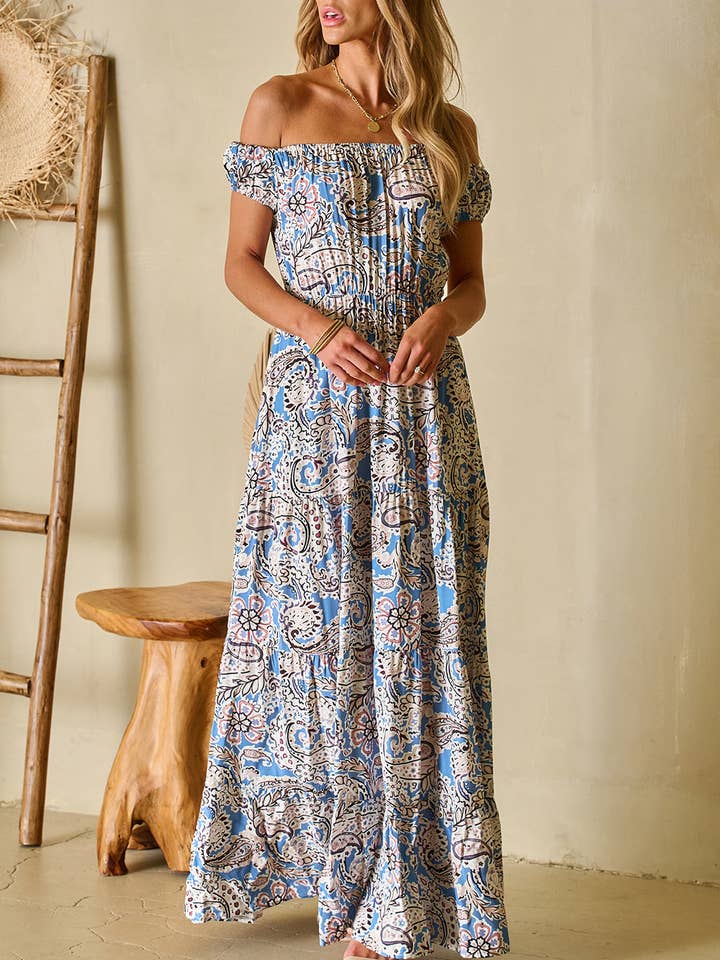 Boho Paisley Print Off Shoulder Maxi Dress for wholesale by FULL TIME PURCHASE