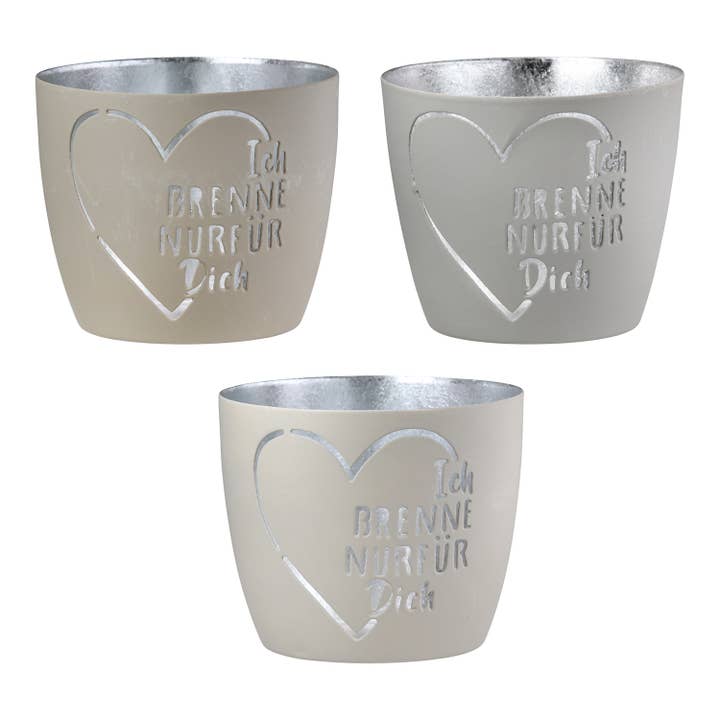 Lanterne « Ich brenne nur für Dich » pour bougie chauffe-plat, 3 modèles assortis, h. 8,5 cm pour la vente par Gilde Handwerk Macrander GmbH & Co. KG