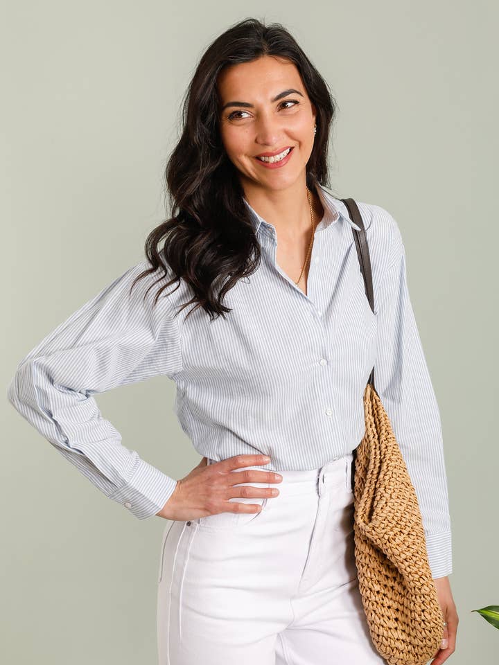 Blue Striped Cotton Shirt with Back Embroidery – X53-1 for wholesale on Faire