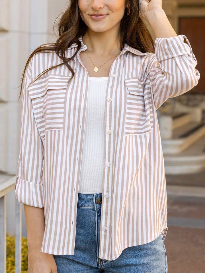 Seaside Striped Button Down Shirt in Tan-Ivory for wholesale by Grace and Lace
